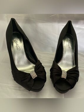 Michaelangelo Black Peep-Toe Heels with Rhinestone Knot Accent